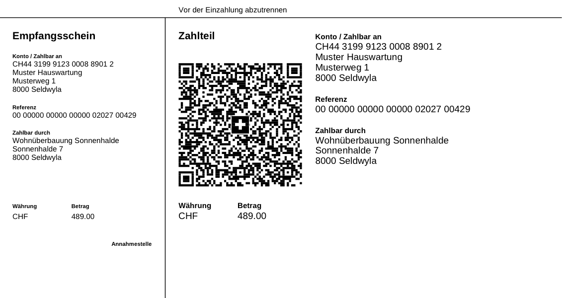 Muster eines Zahlteils als QR-Rechnung